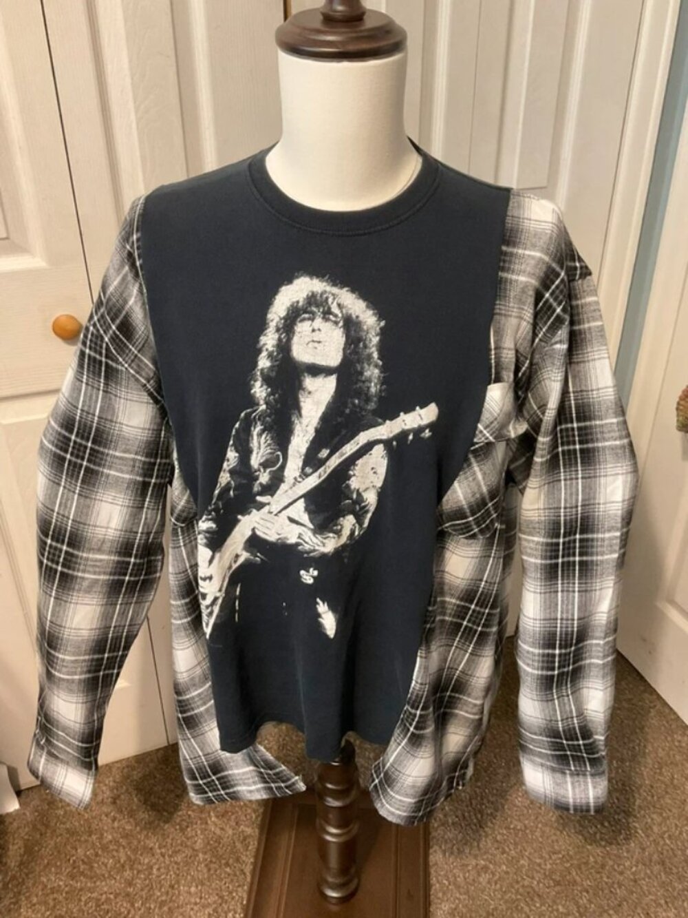 Jimmy Page Upcycled Graphic T-Shirt with Flannel Sleeves - OSFM